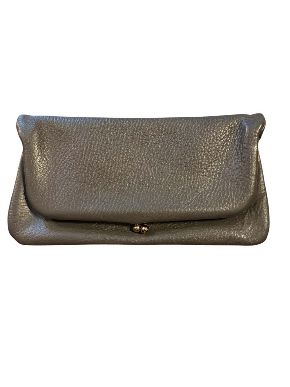Gray Leather Fold-Over Clutch with Gold Hardware